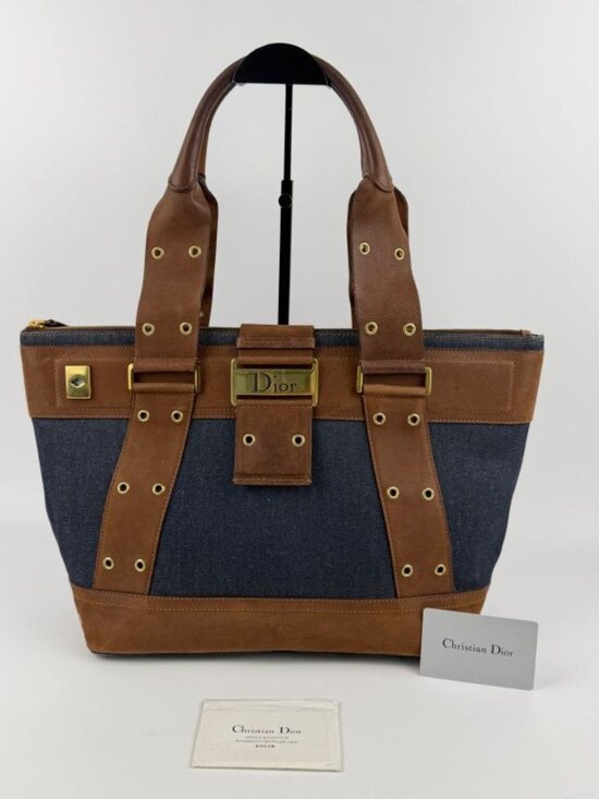 Dior Tote Brown Navy Denim Leather Vintage - Picture 2 of 16